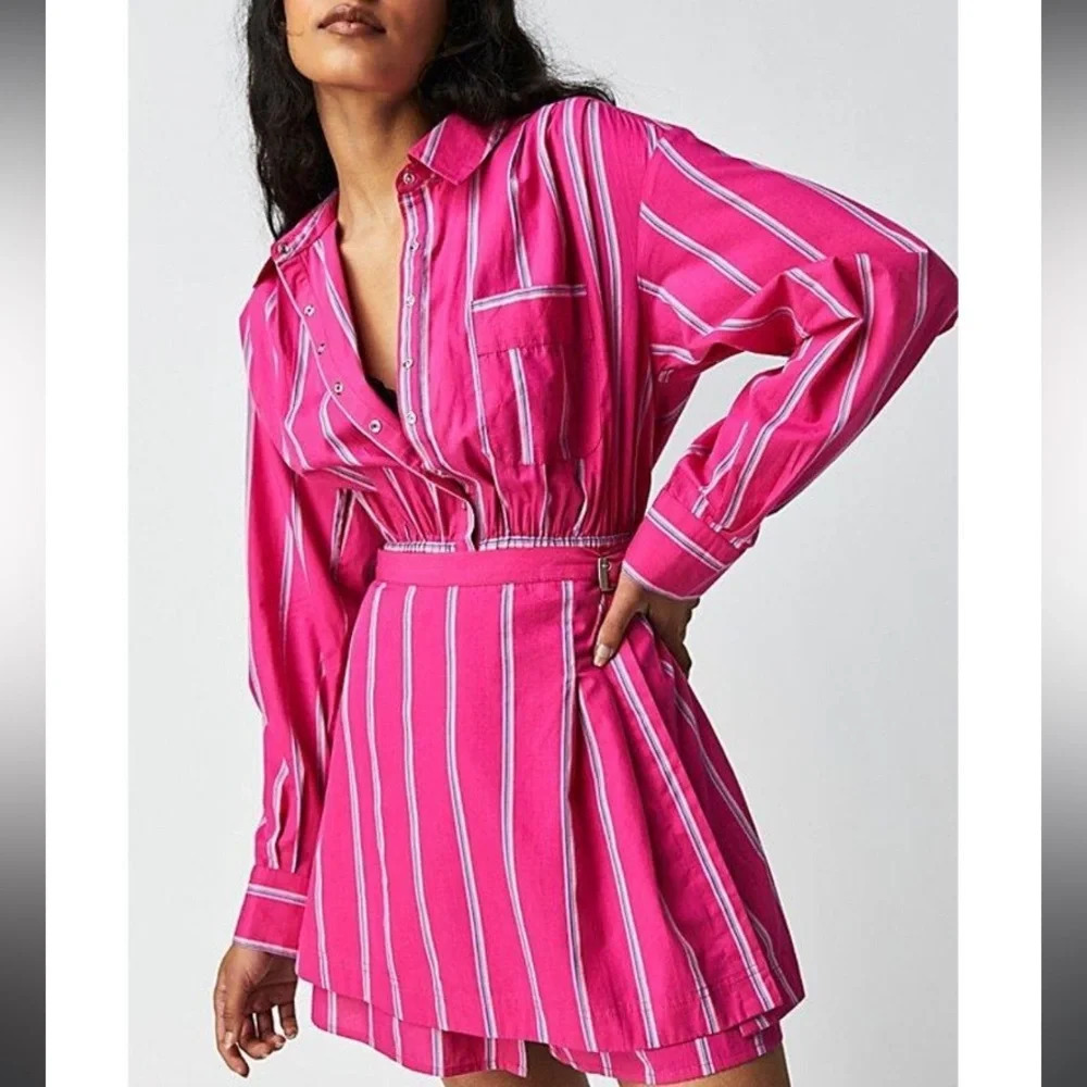 Free people hot pink high vibration shirt dress preppy striped boho summer nwot